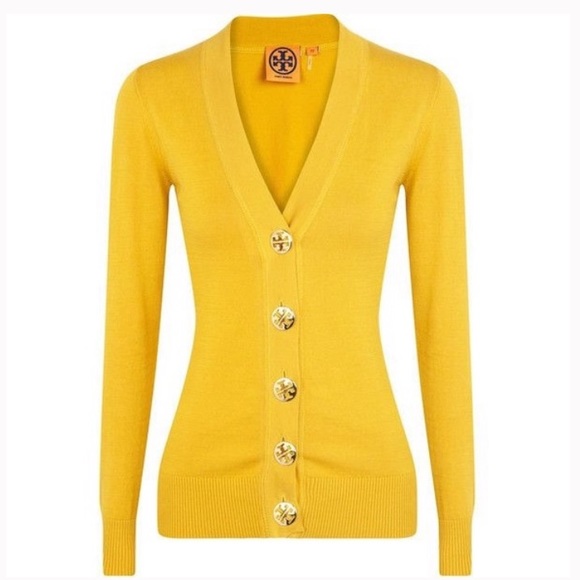 Tory Burch Sweaters - Tory Burch yellow Mary gold 100% wool logo Cardigan-tunic length- size medium